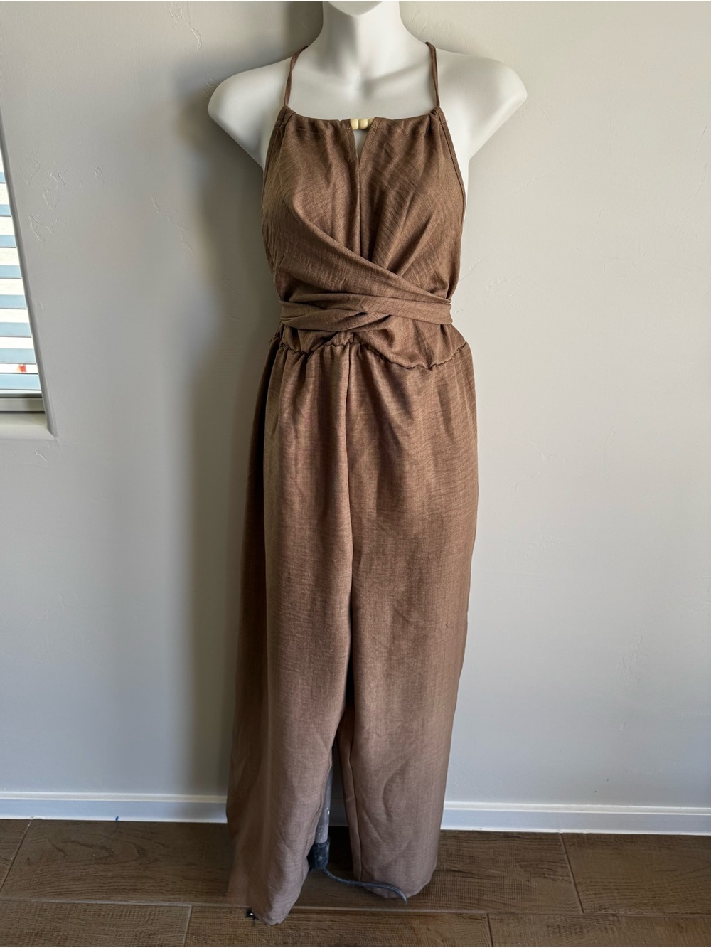 Sleeveless Halter Wrap-Front Jumpsuit in Brown